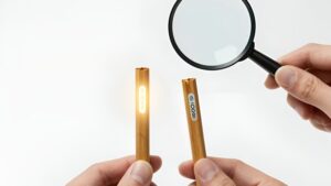 Сравнение подлинного стика с копией через лупу, чтобы отличить оригинальные стики IQOS от подделок